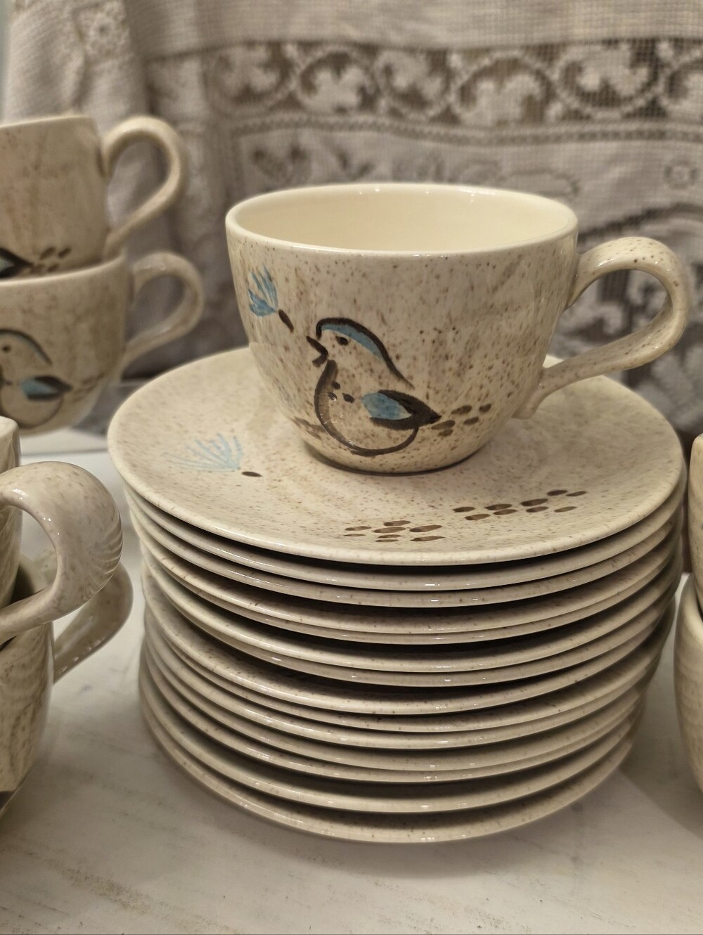 Vintage Red Wing Pottery Bob White Cup & Saucer Set Lot of 14 Mid Century Quail